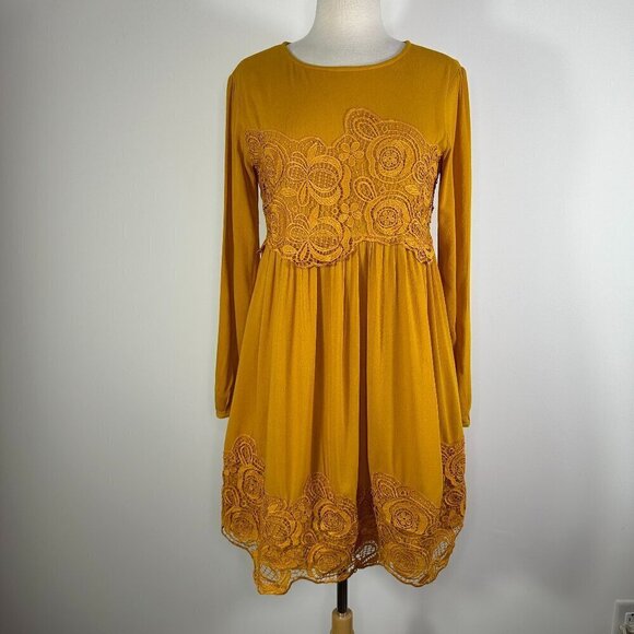 NWT Anthropologie Maeve Mustard Yellow Lace Detail Long Sleeve Dress - Picture 2 of 13